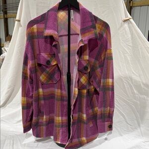 Zenana Outfitters Pink and Yellow Plaid Shirt Jacket